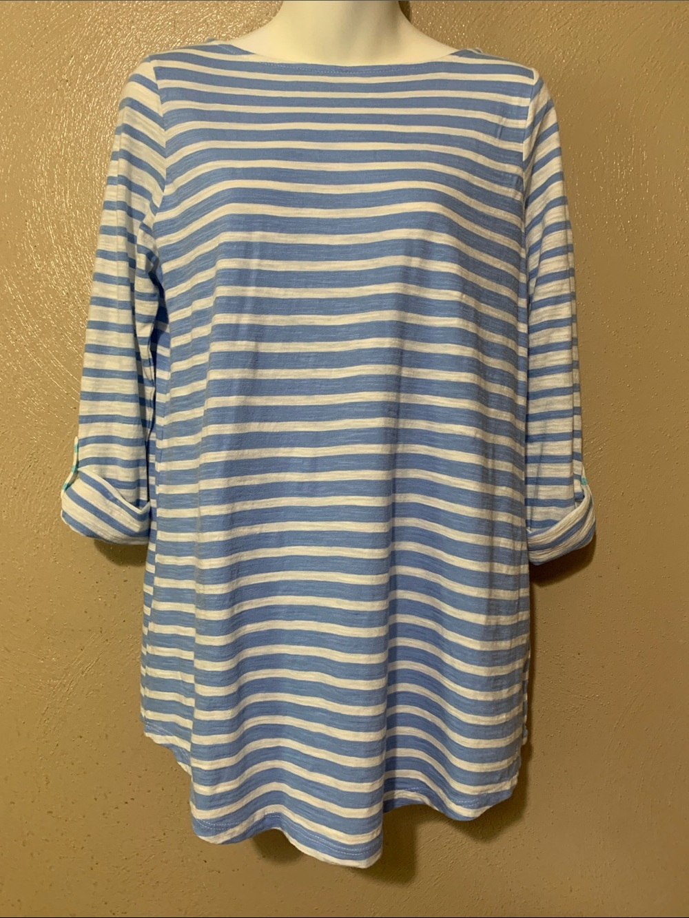 J. Jill size SP Light Blue and White Teal Striped Boatneck Top NWT